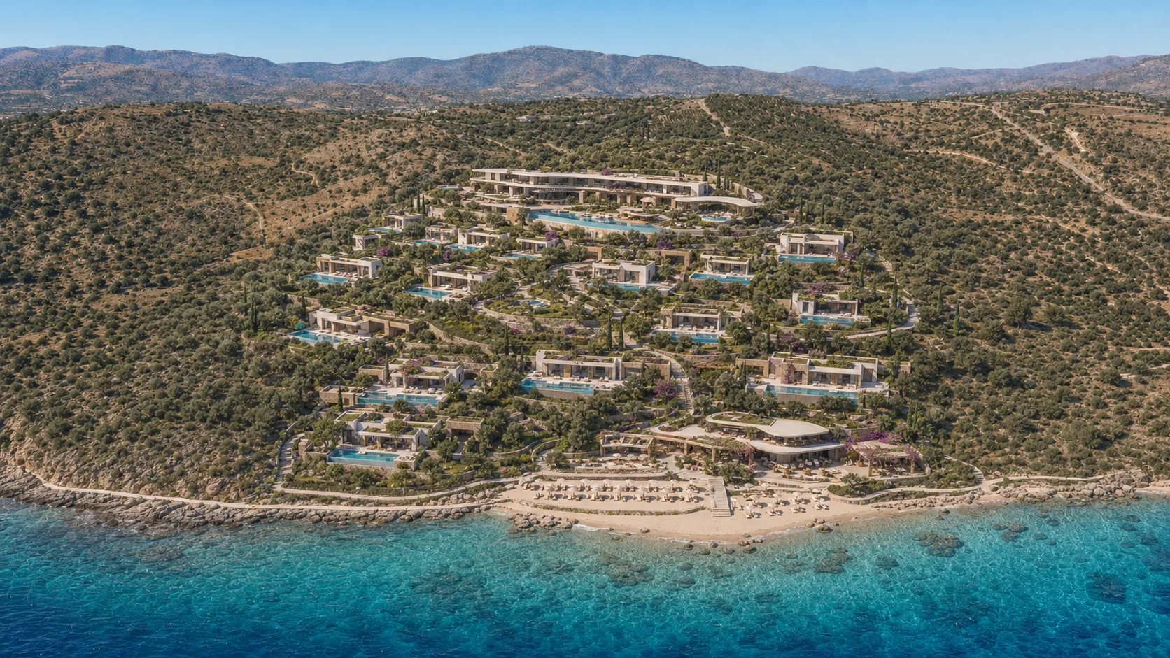 AI-generated concept visualisation of the resort seen from the water by day