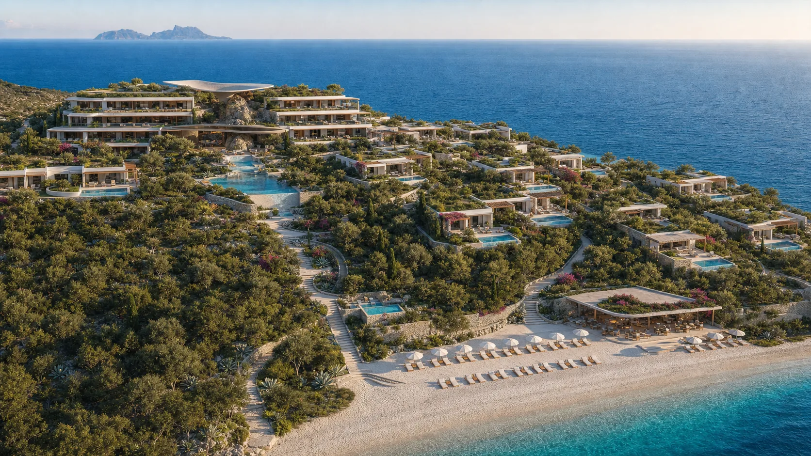 AI-generated concept visualisation of a terraced resort on the site by day, looking out to the Libyan Sea
