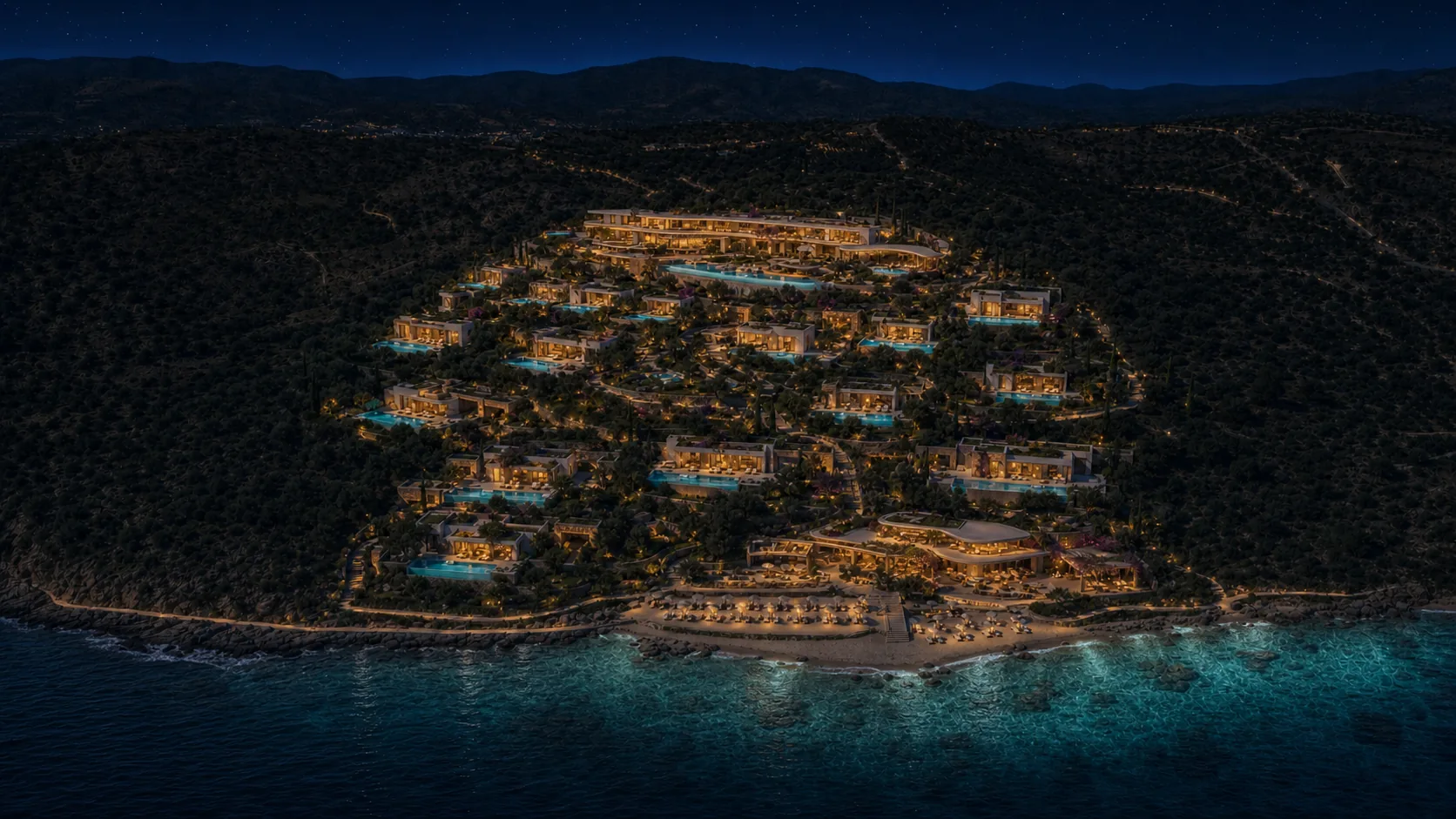 AI-generated concept visualisation of the resort seen from the water at night