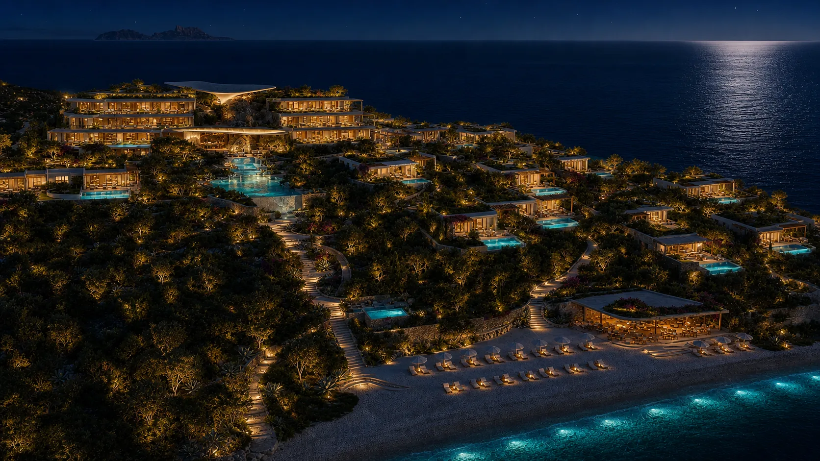 AI-generated concept visualisation of the same resort at night, lit terraces above a beach club