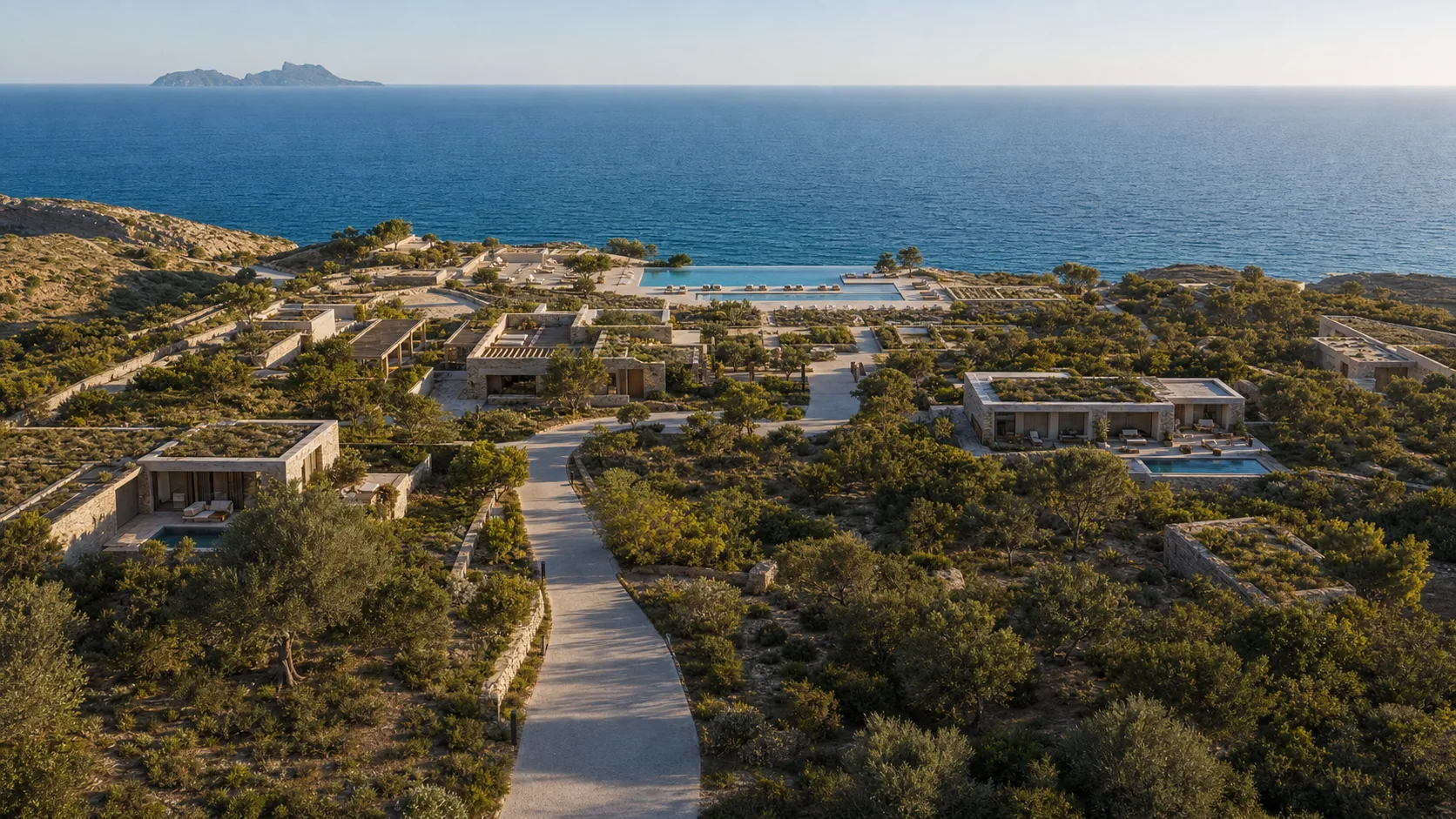 AI-generated concept visualisation of a low-rise stone resort on the site, looking towards the sea