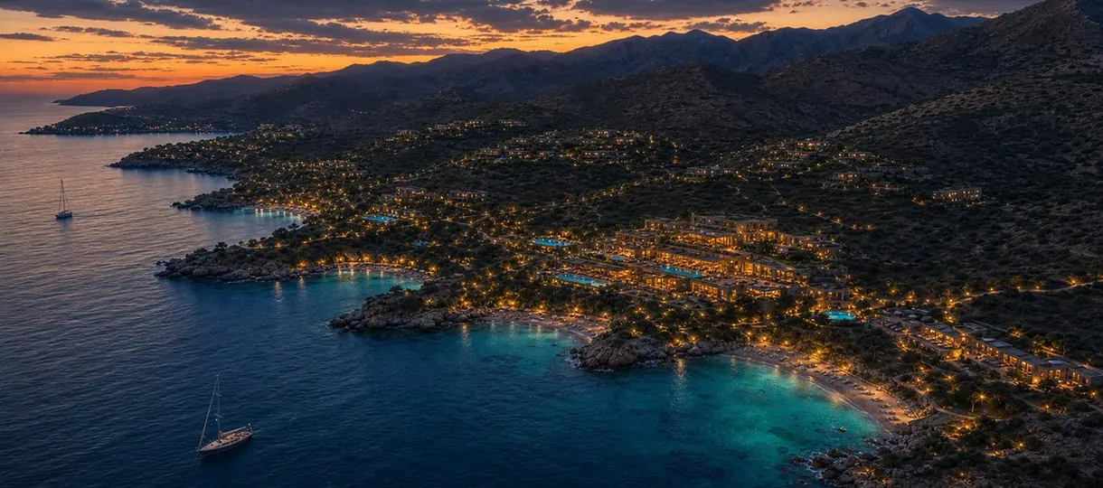 Illuminated cove on Crete's south coast — artist's impression
