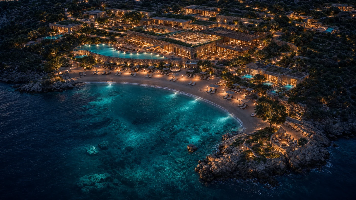 Night aerial visualisation of one cove: beach, pool terrace and low stone buildings set back into the hillside