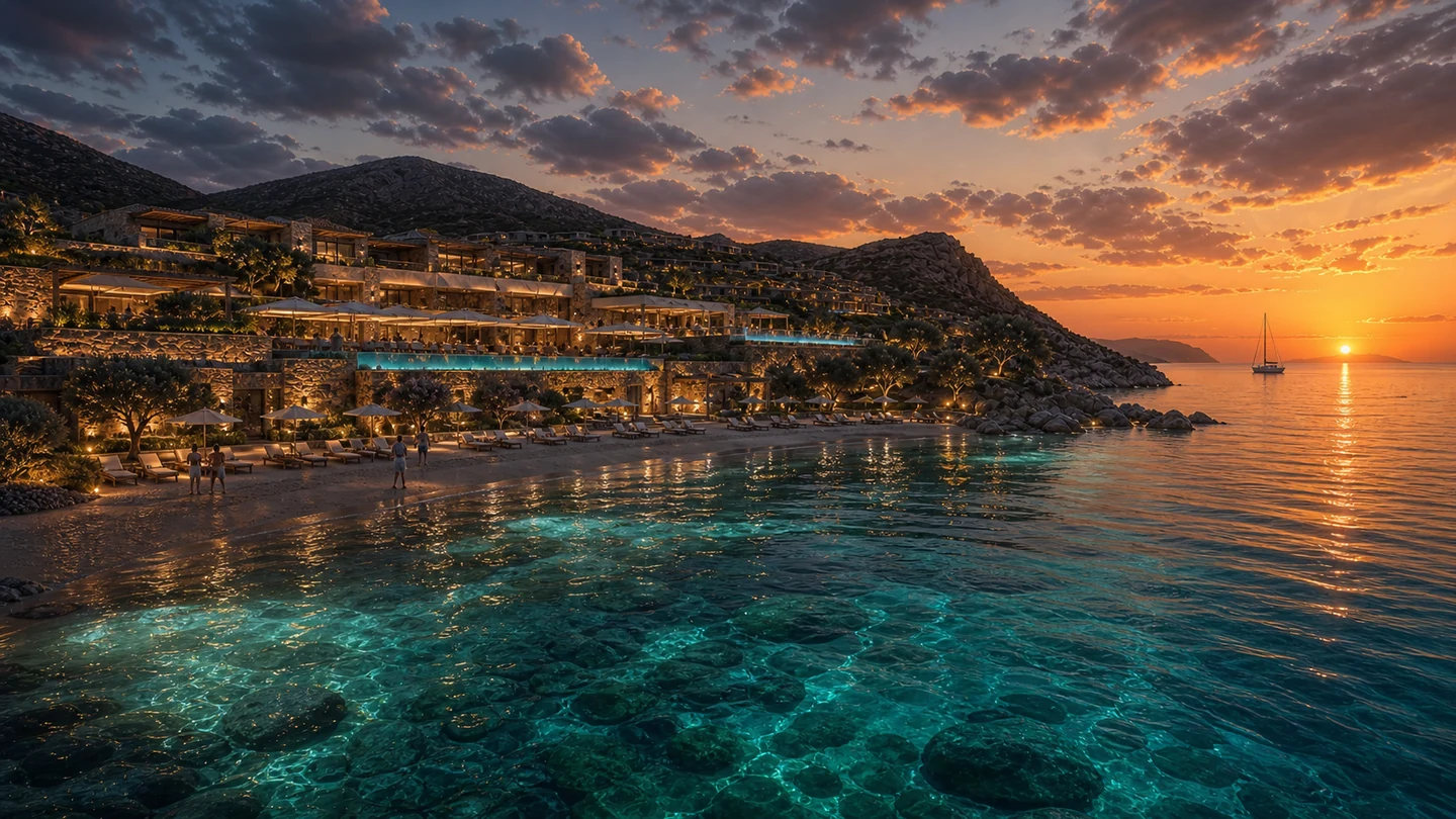 Water-level visualisation of a cove at sunset with terraced stone buildings, beach and infinity pool above the sand